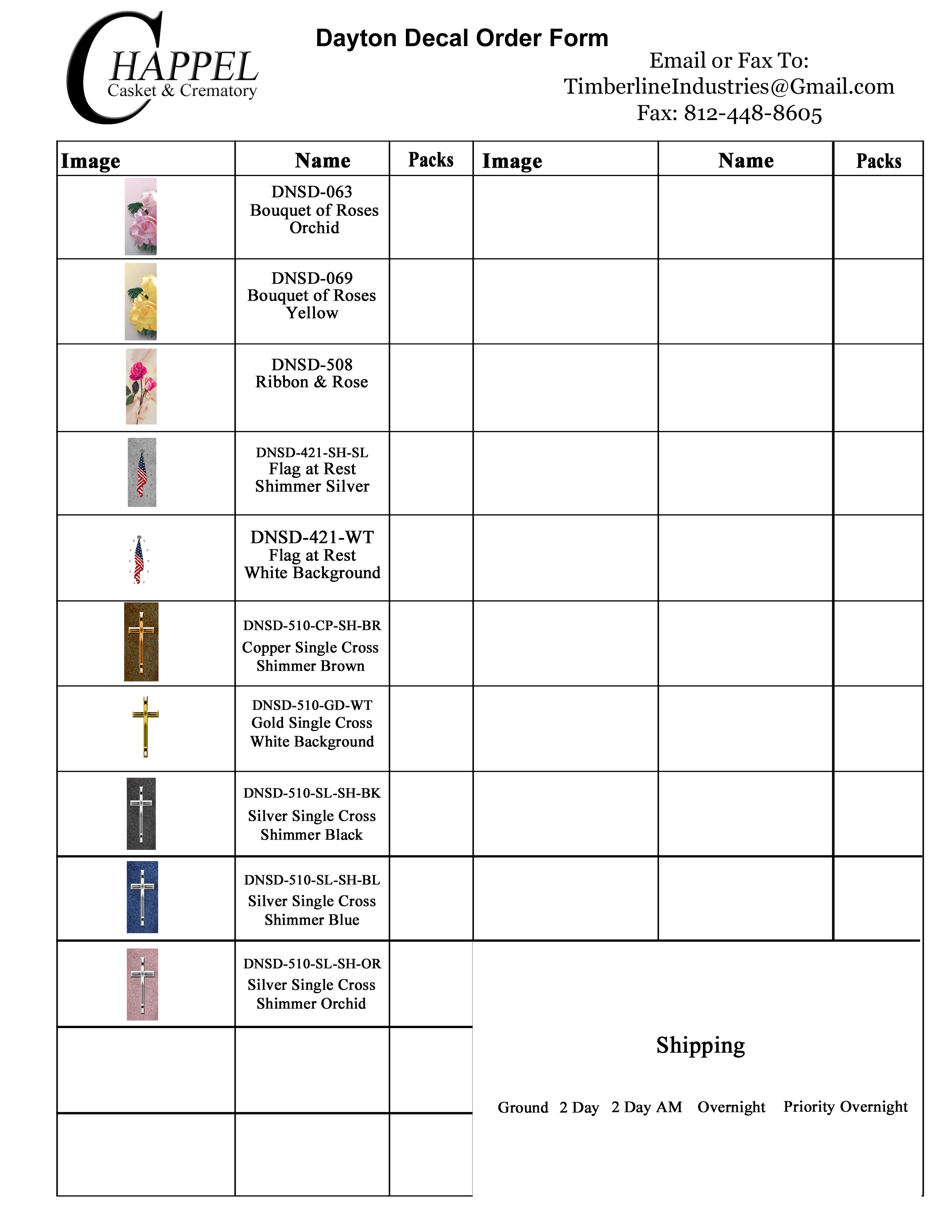 Chappel Dayton Decal Order Form